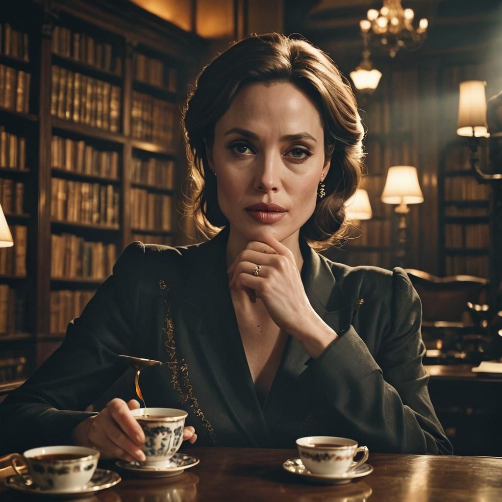 Angelina Jolie Drinking Tea: Film Noir Portrait