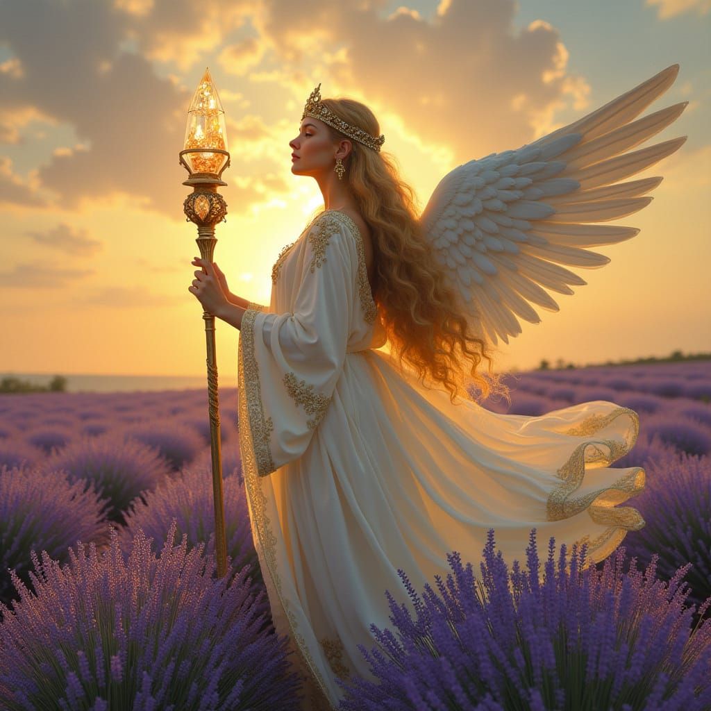 Angel in Lavender Field with Celestial Crown