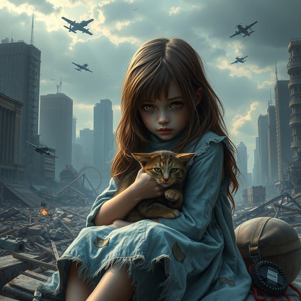 A Young Girl's Despair Amidst War-Torn Ruins