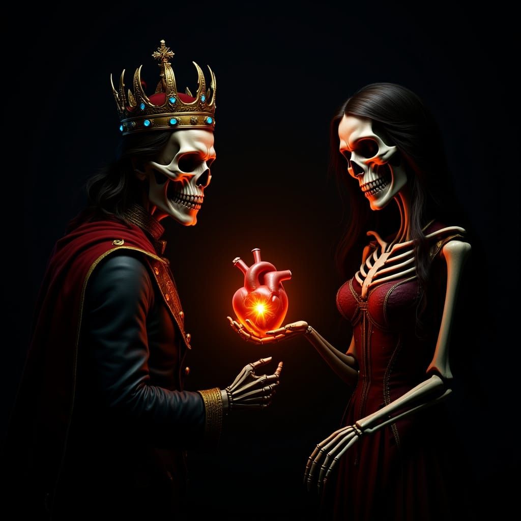 Skeleton King Offers Glowing Heart to Queen in 3D Art