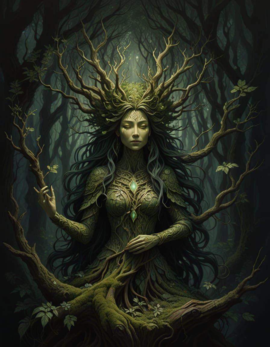 Wooden Dryad Spirit in Mystical Forest