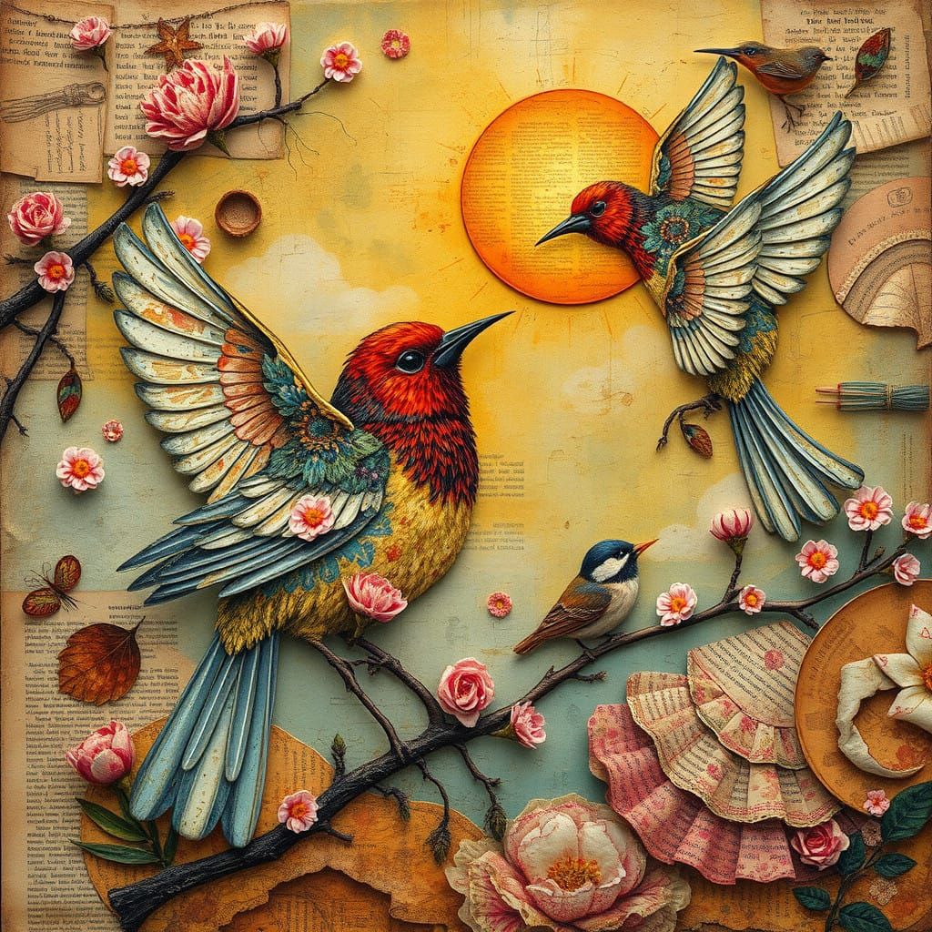 Whimsical Mixed Media Scene with Birds in a Dreamlike Atmosp...