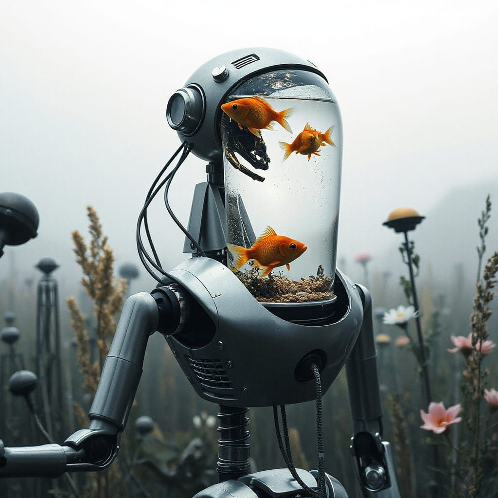 Titanium Robot with Aquatic Head in Futuristic Garden