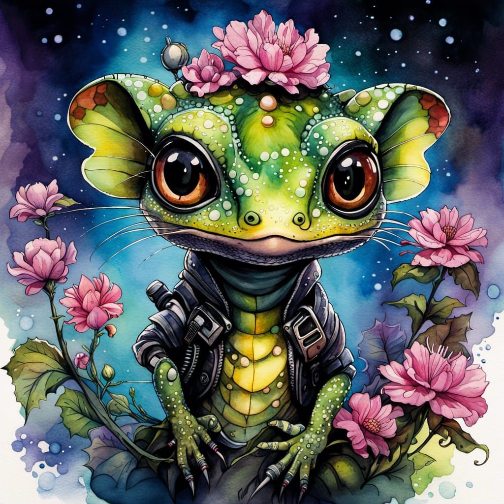 Cyberpunk Chameleon Portrait with Apocalypse Flower Ambience