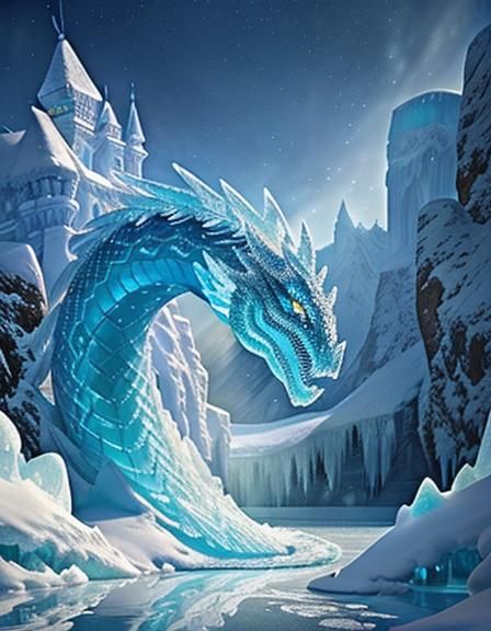 Intricate Ice Serpent Sculpture on Frozen Lake