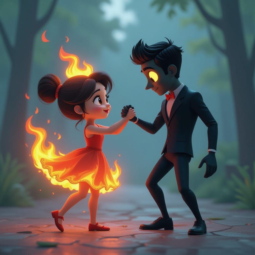 Fire Girl and Shadow Man: Luminous 3D Digital Art