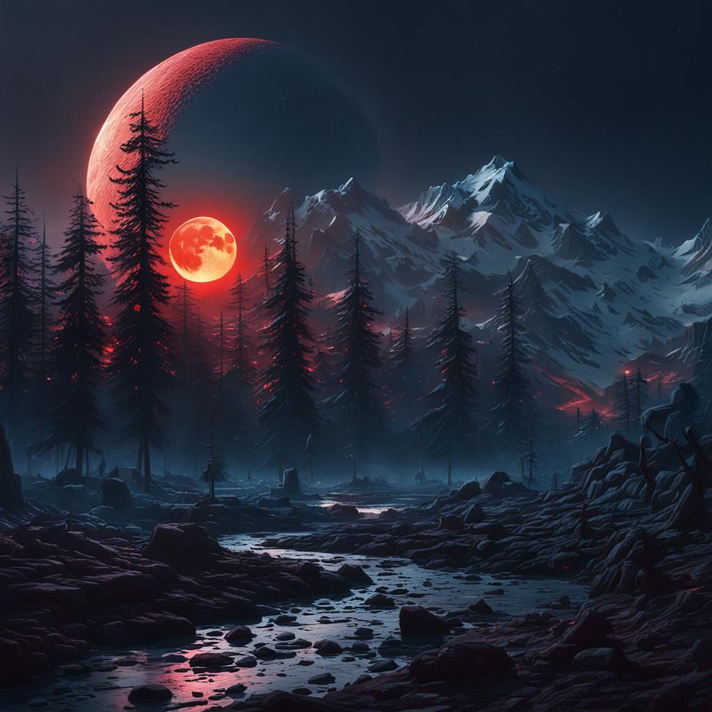 Dramatic Red Moon Digital Matte Painting