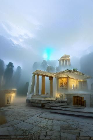 Mist-Shrouded Classical Greek Temple