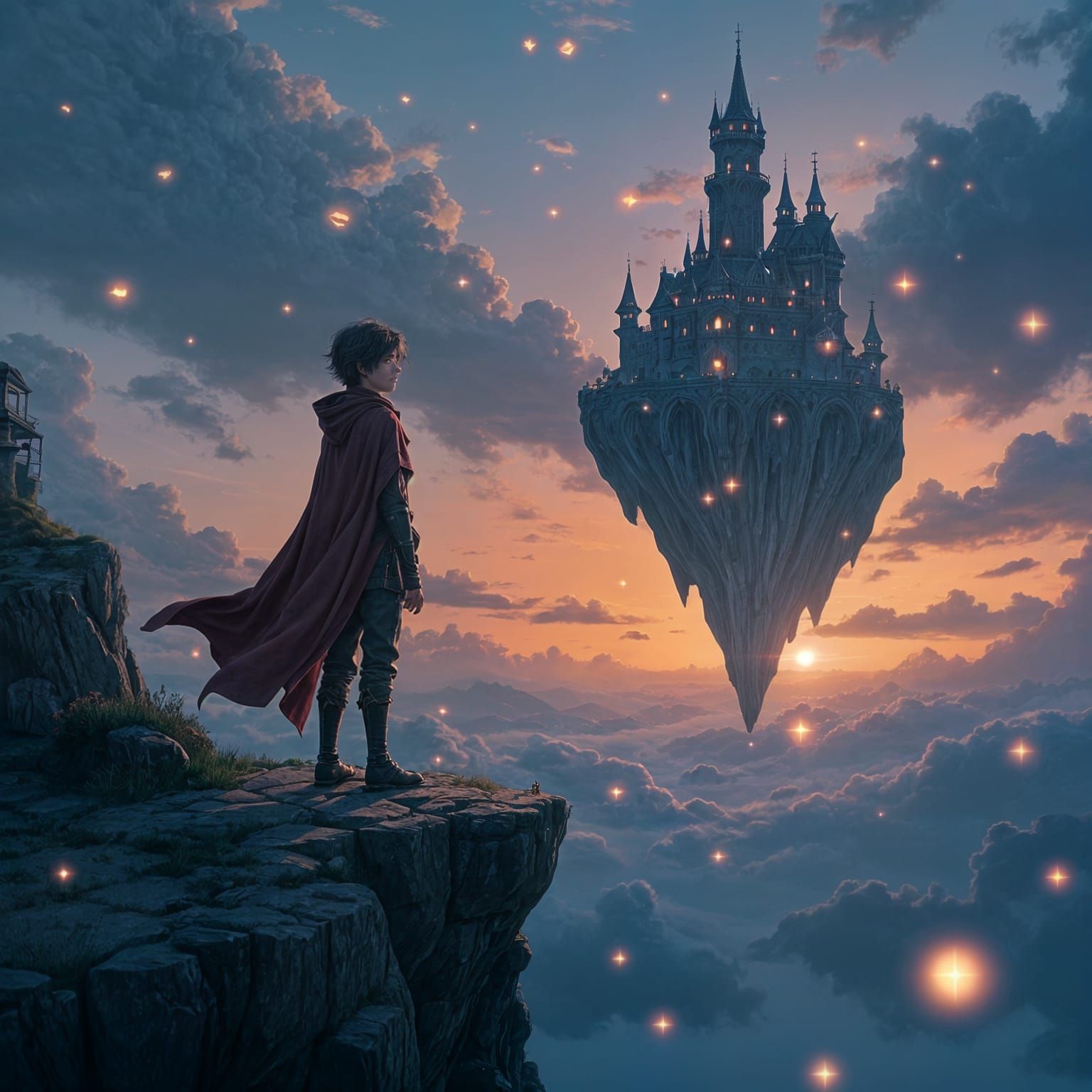 Boy Gazing at Floating Castle in Anime Style