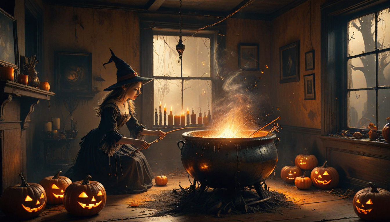 Surreal Santa Witch Brews Cauldron in Haunted Mansion at Mid...