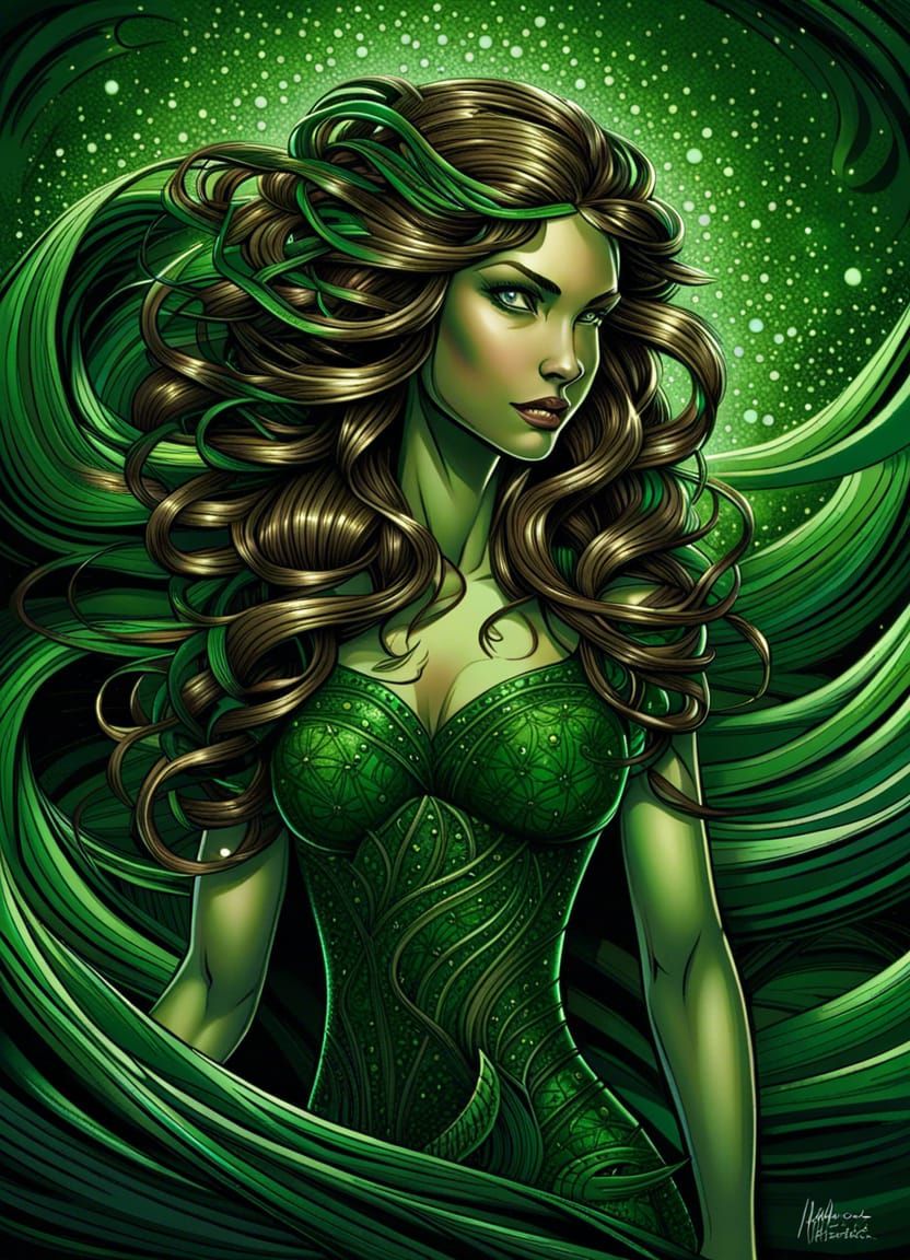 Elf Princess in Dark Green Comic Book Art