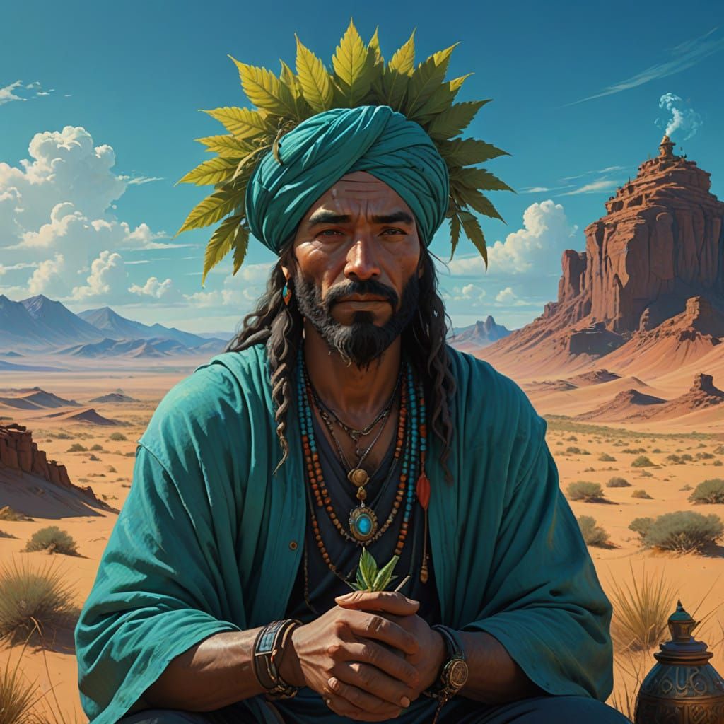 Mysterious Desert Scene with Cannabis Leaf and Ornate Hookah