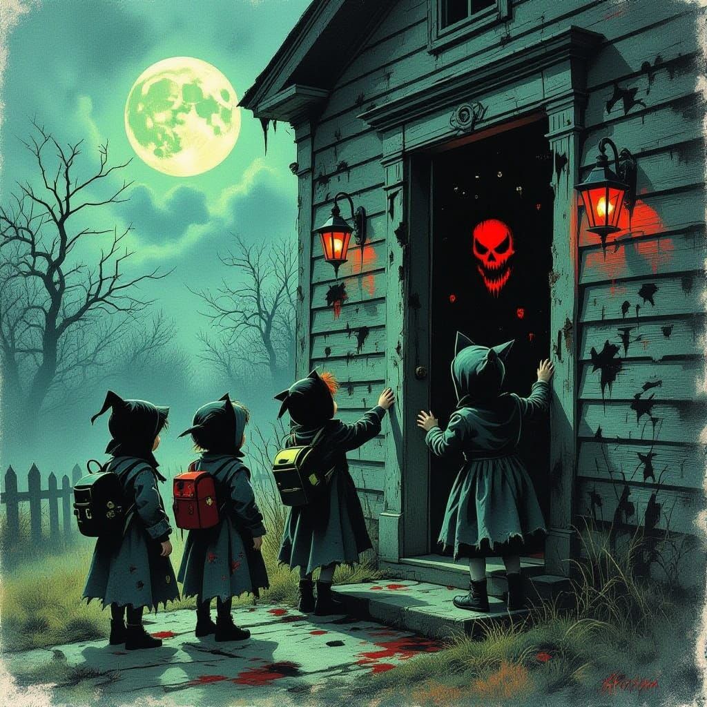 Macabre Halloween Scene: Twisted Costumes at Haunted House