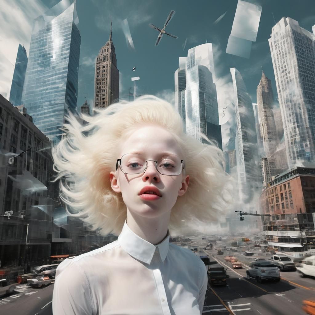 Woman in Glitched Cityscape: Digital Art