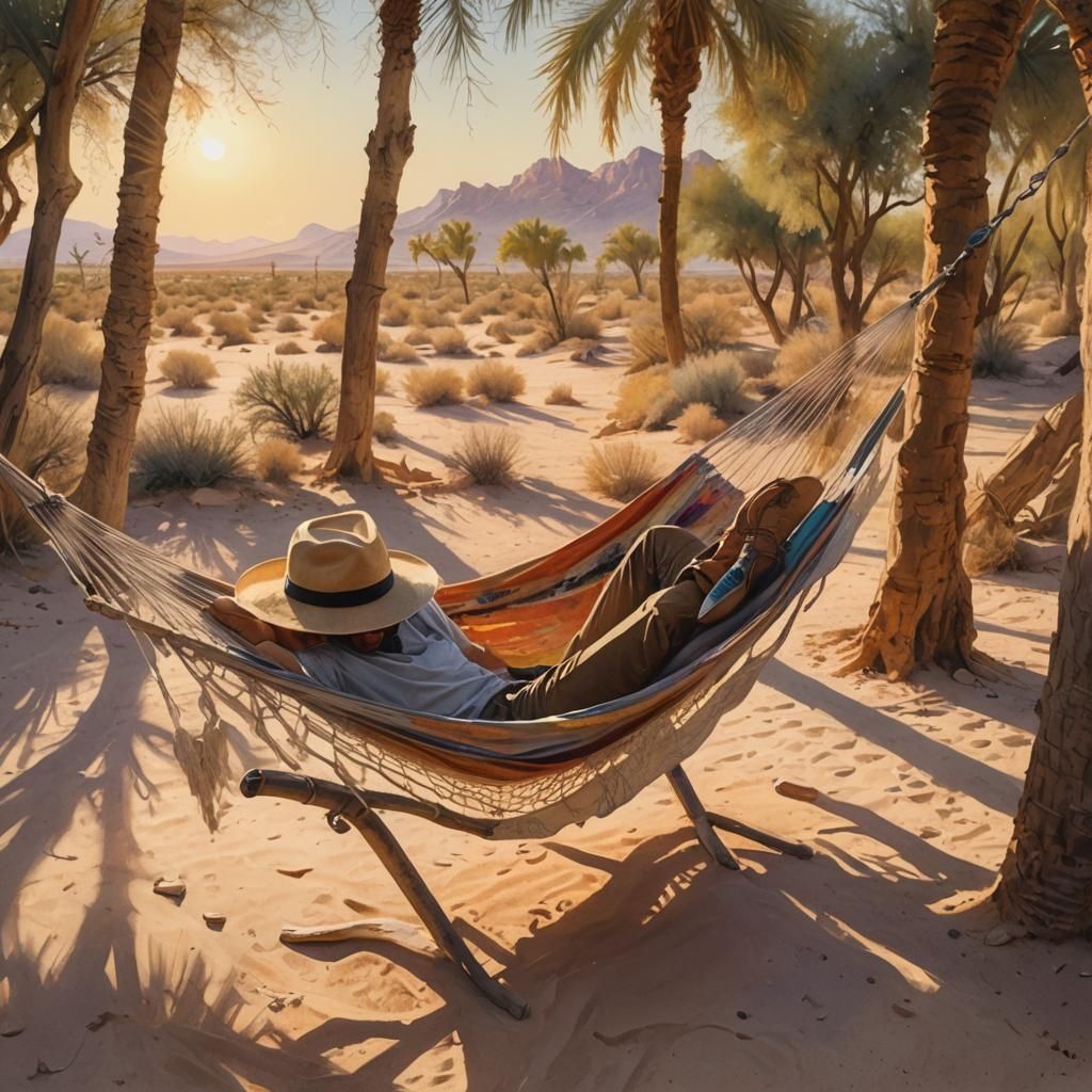 Desert Oasis Sunset: Hammock in Watercolour Art