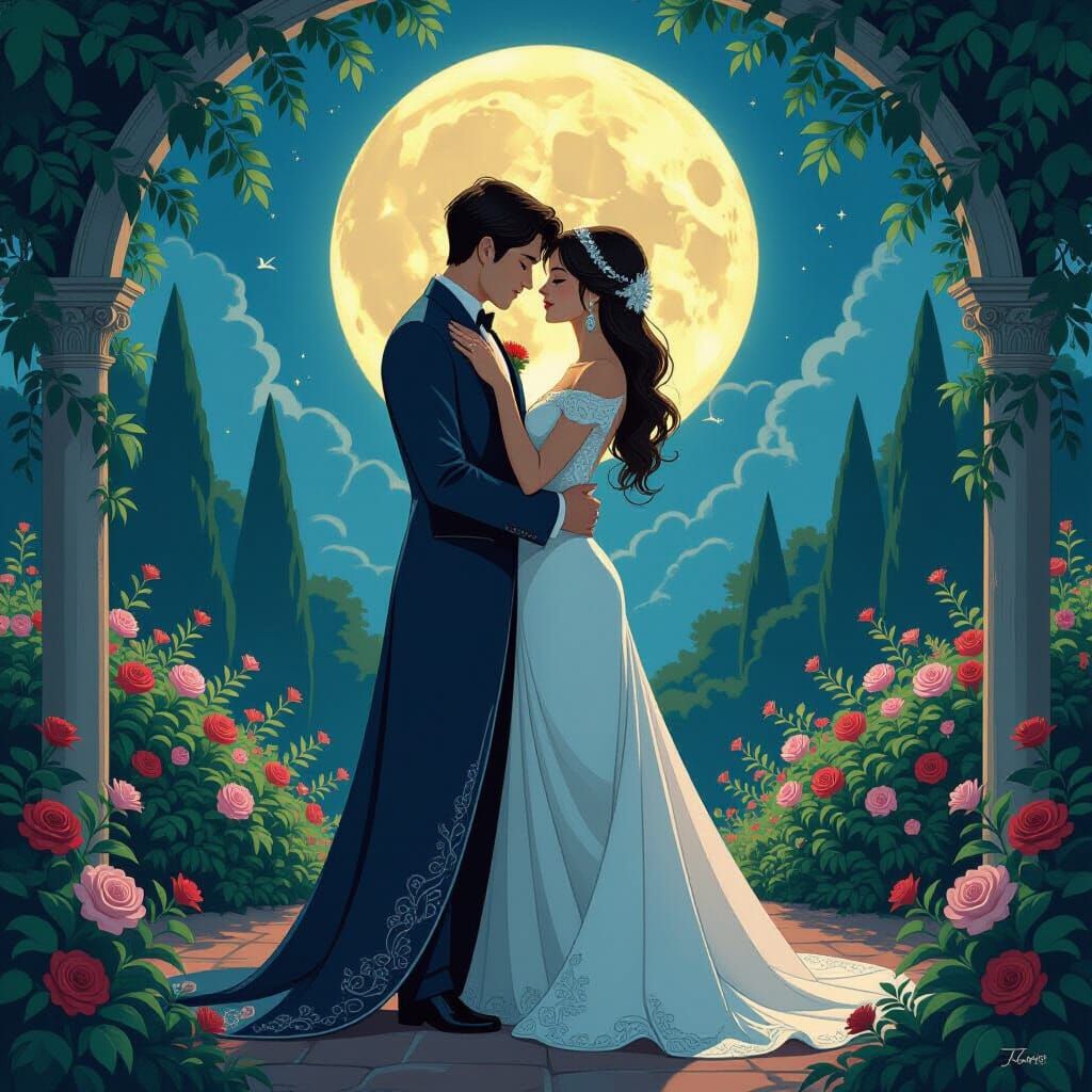 Romantic Couple in Moonlit Garden, Art Nouveau Style
