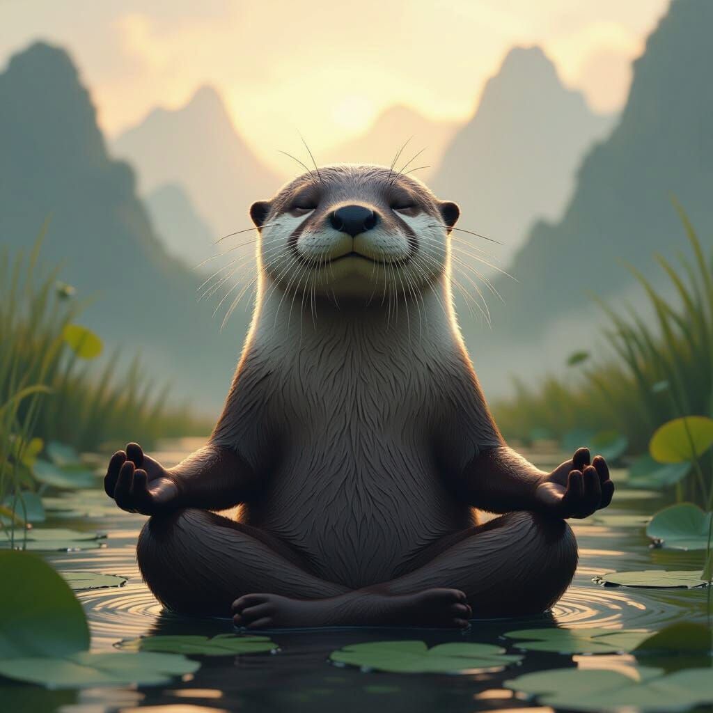 Meditating Otter in Atmospheric Digital Landscape