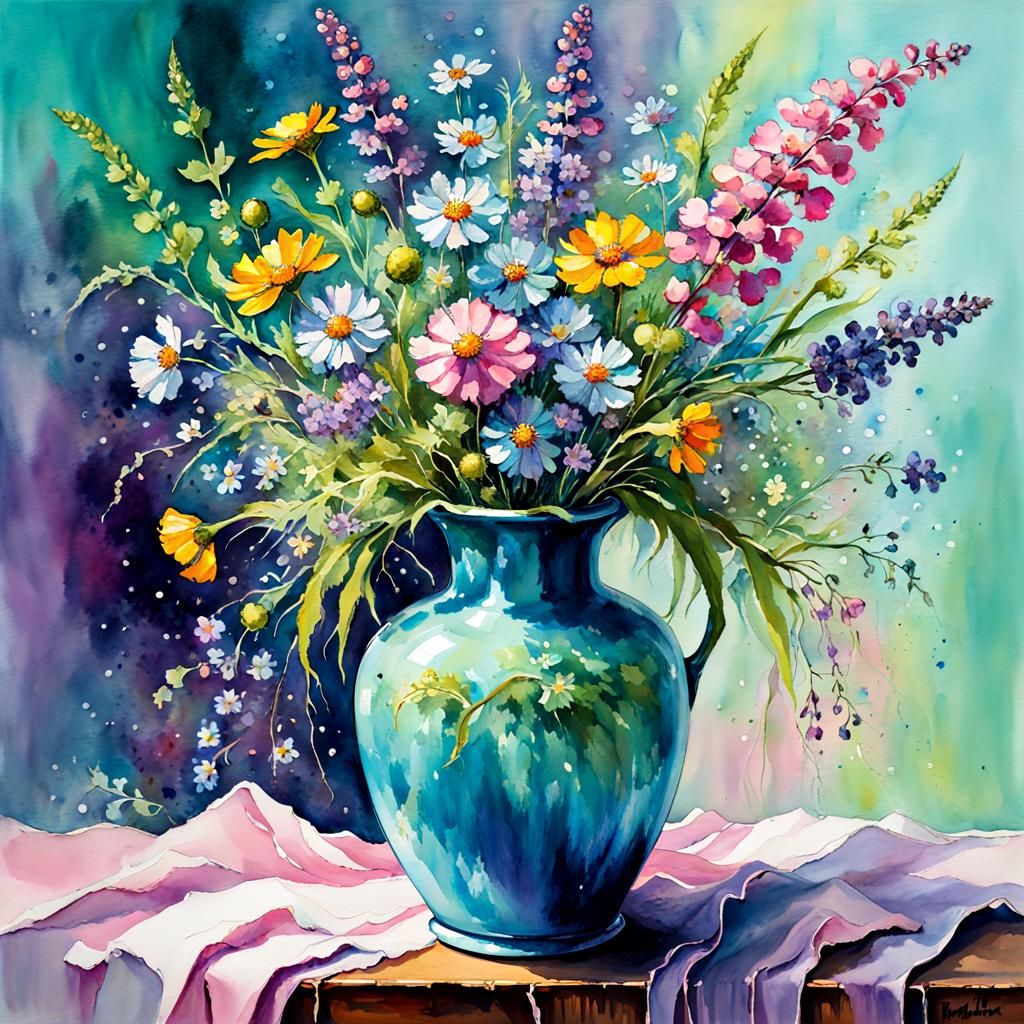 Watercolor Still Life: Wildflowers in Cyan Vase