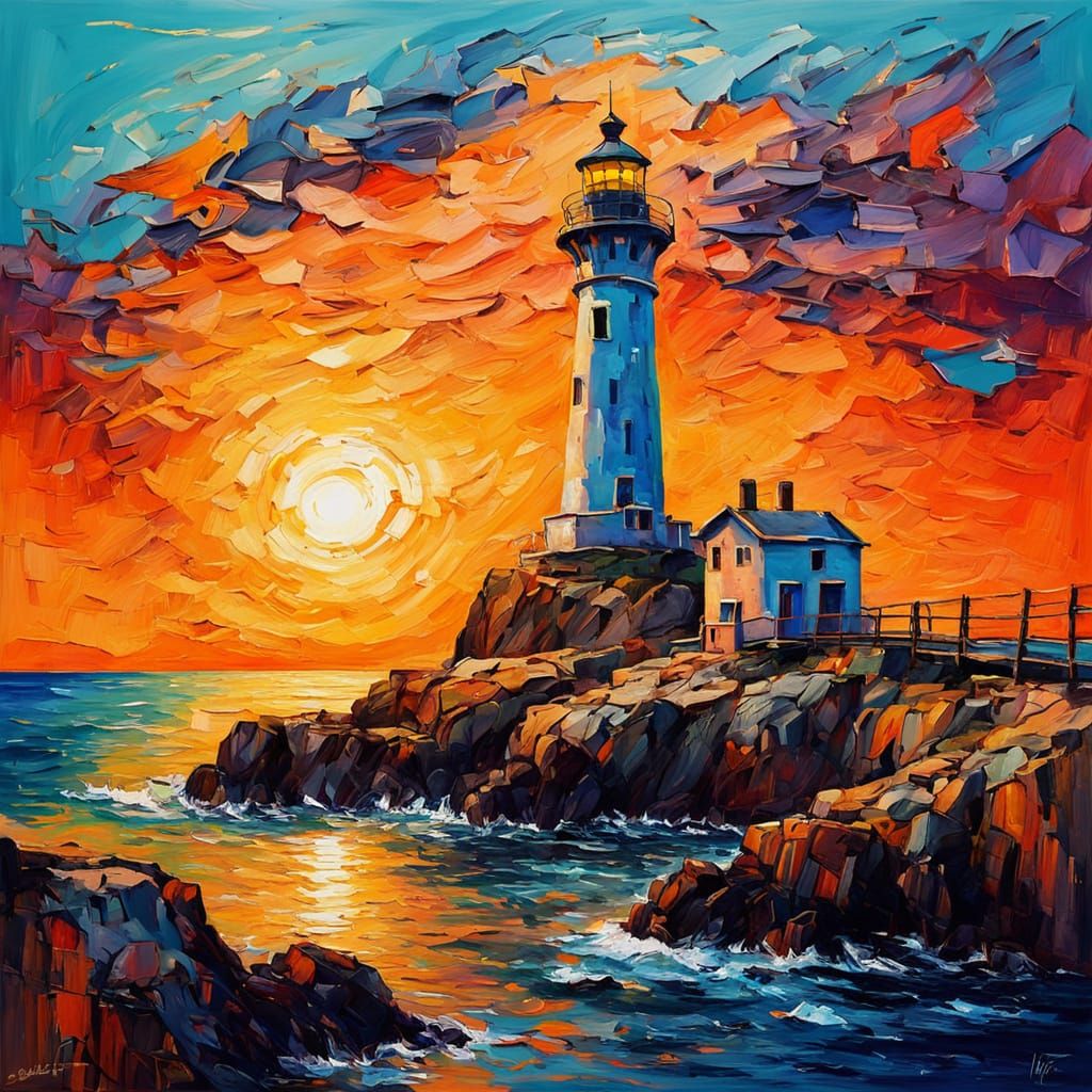 Naïf Lighthouse on Cliff at Sunset as Impasto Painting