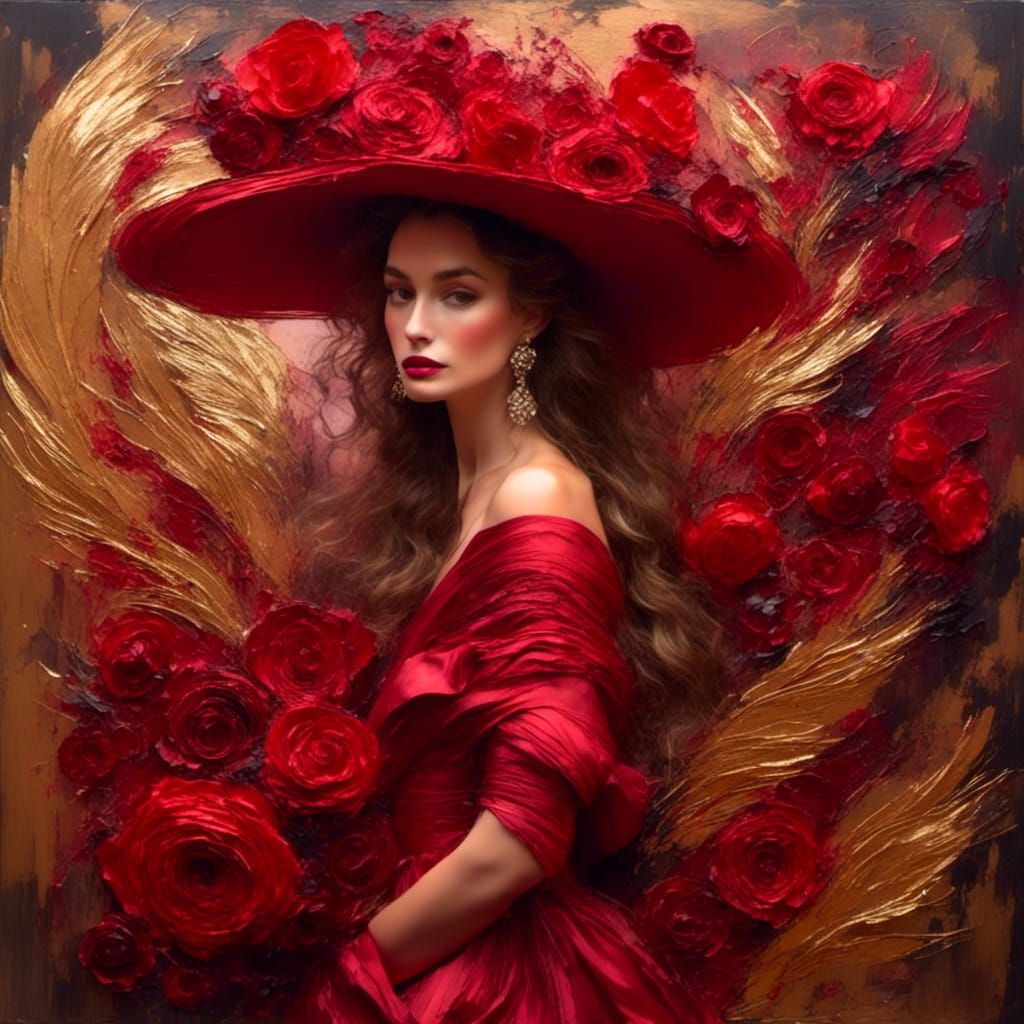 Woman in Red Dress: Impressionist Art Nouveau Oil Painting