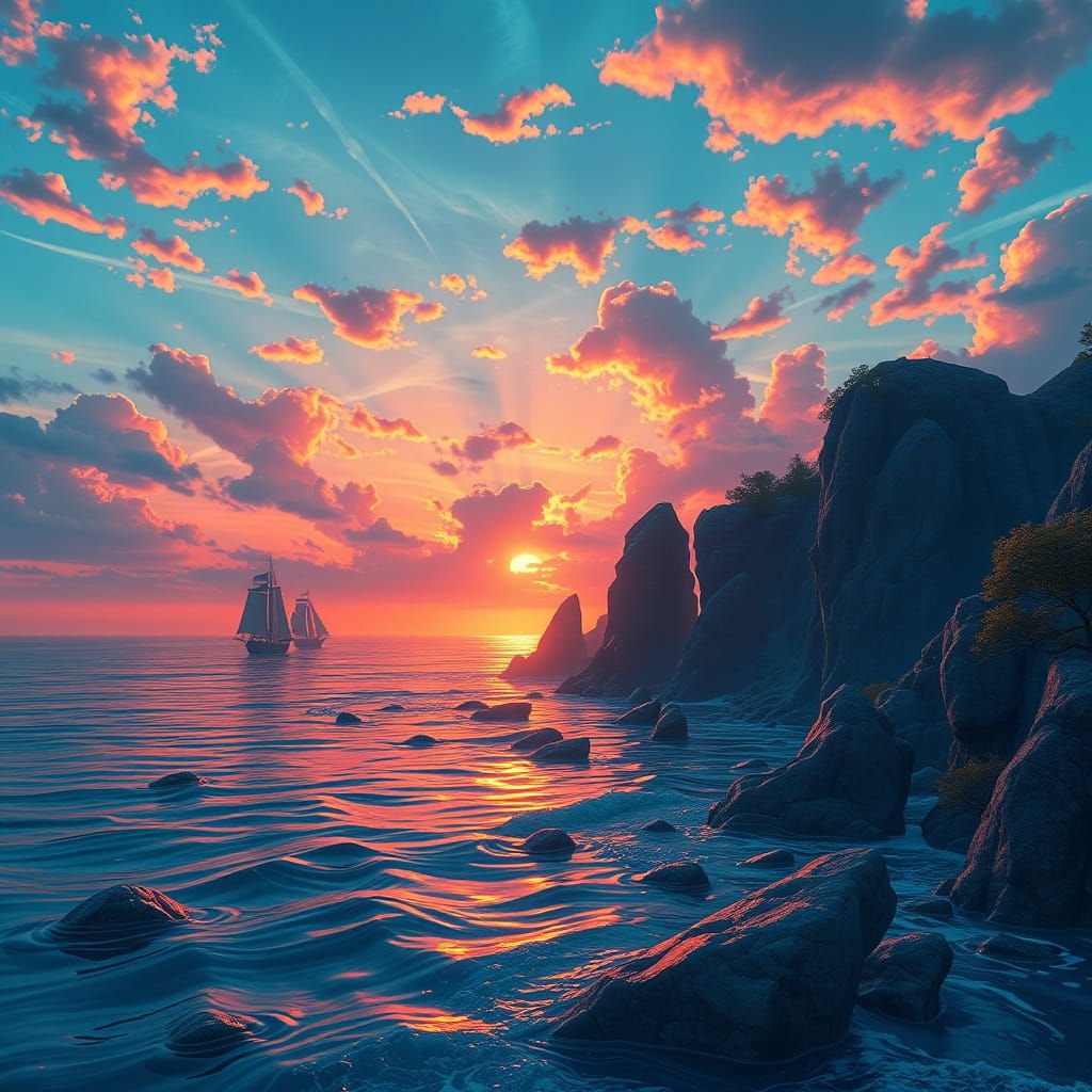Surreal Sunset in Vibrant Aqua and Relle Hues