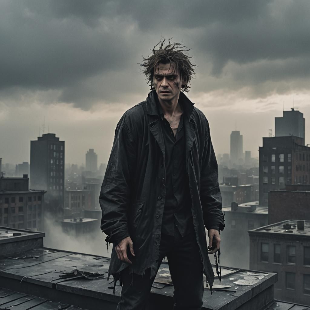 Crazed Figure on Rooftop in Comic Book Style