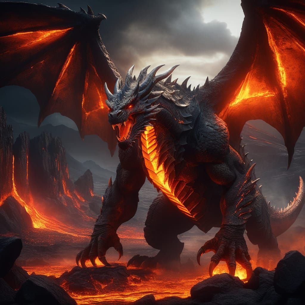 Epic Dark Fantasy Dragon-Like War Beast in Volcanic Armor