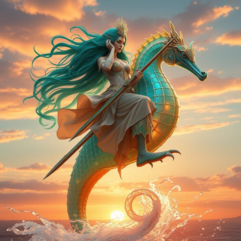 Ethereal Warrior on Shimmering Seahorse in Dreamlike Fantasy...