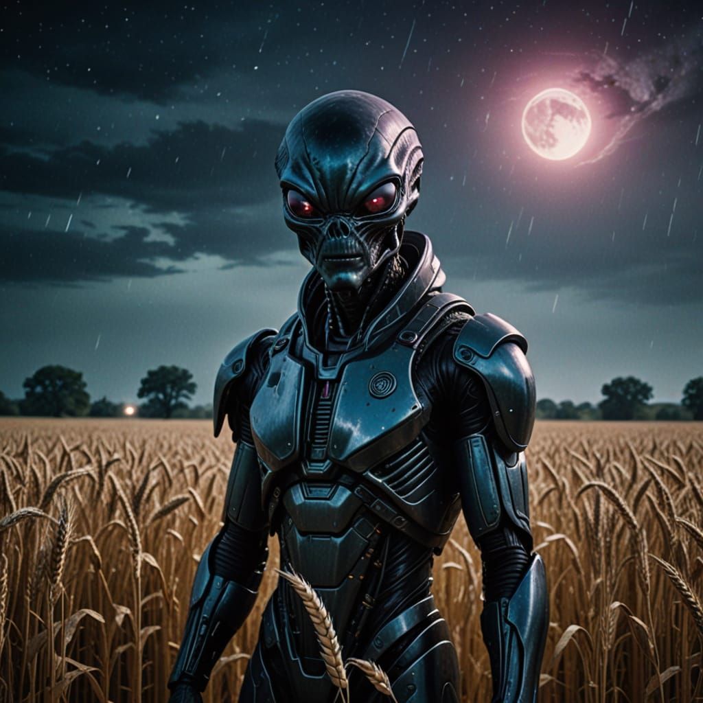 Grey Alien Emerges from Cosmic Mist in 35mm Film Still