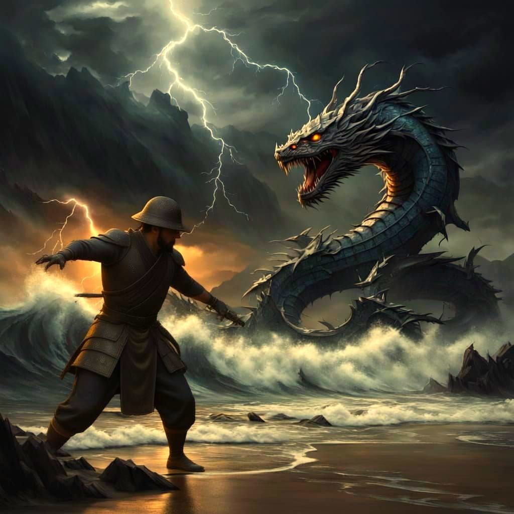 Epic Fantasy Ronan Battles Sea Serpent on Stormy Beach