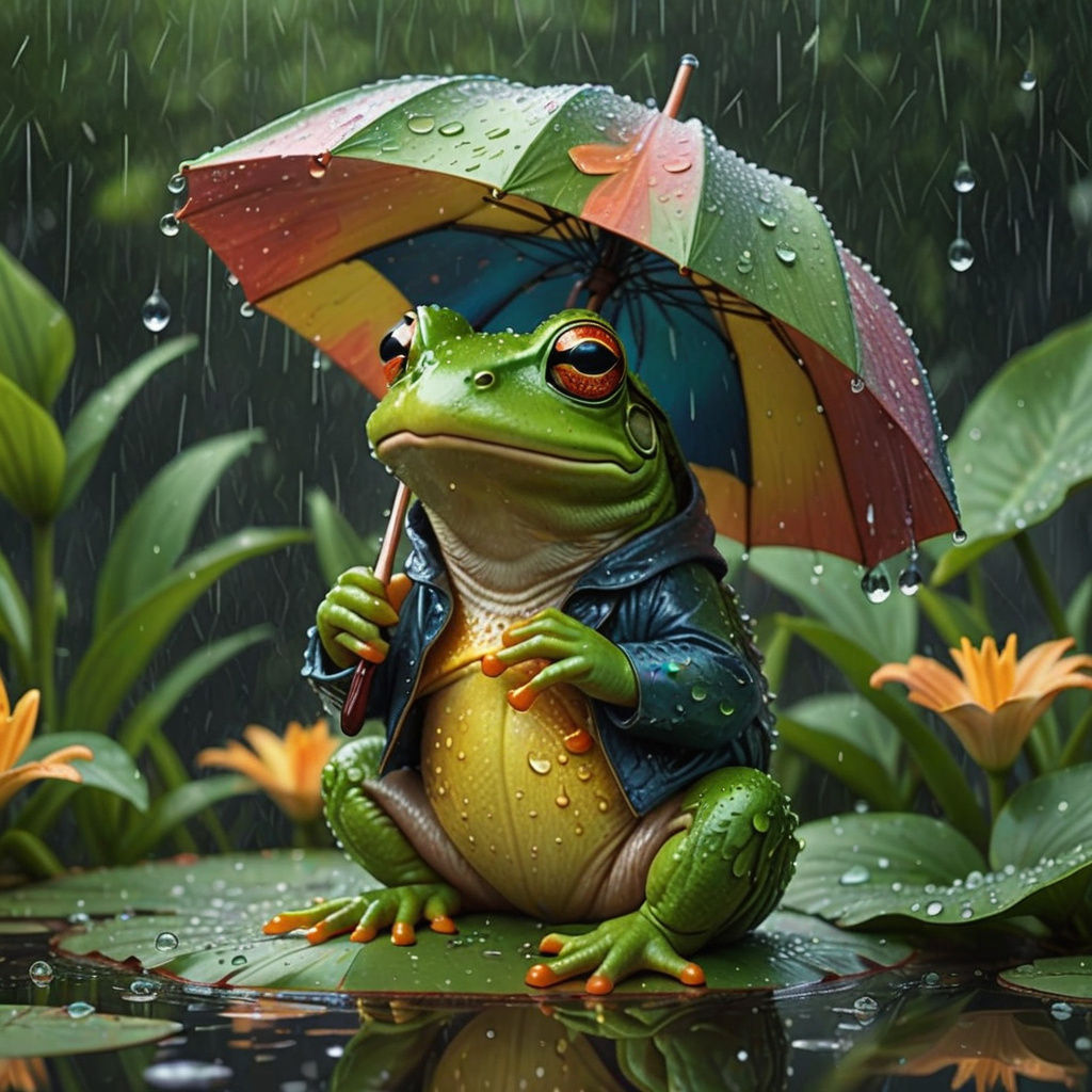 Cute Frog with Umbrella in Rainy Pond