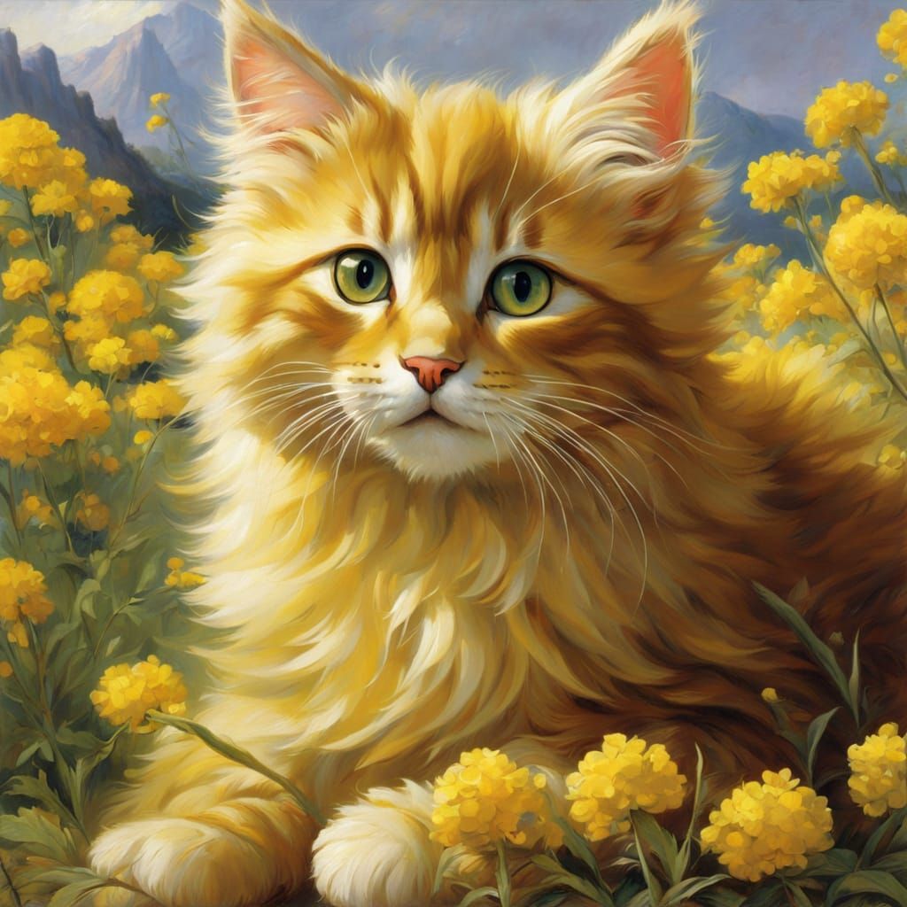 A Whimsical Kitten Amidst Vibrant Wild Mustard