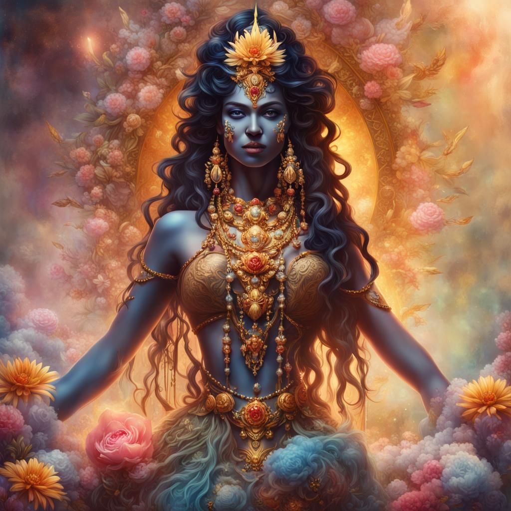 Powerful Goddess Kali with Sword and Flowers
