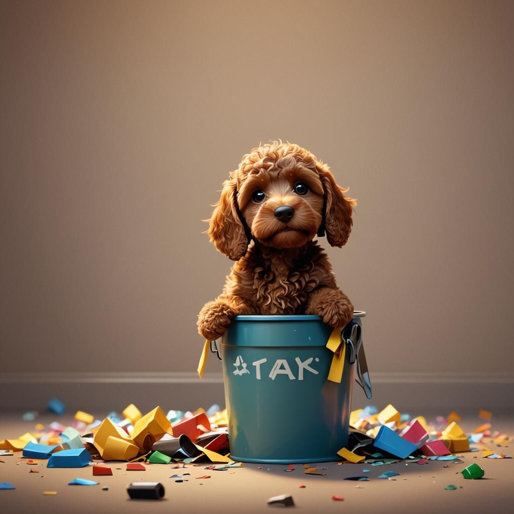Brown Cockapoo Puppy in Garbage Can: Pixar Style 3D Art