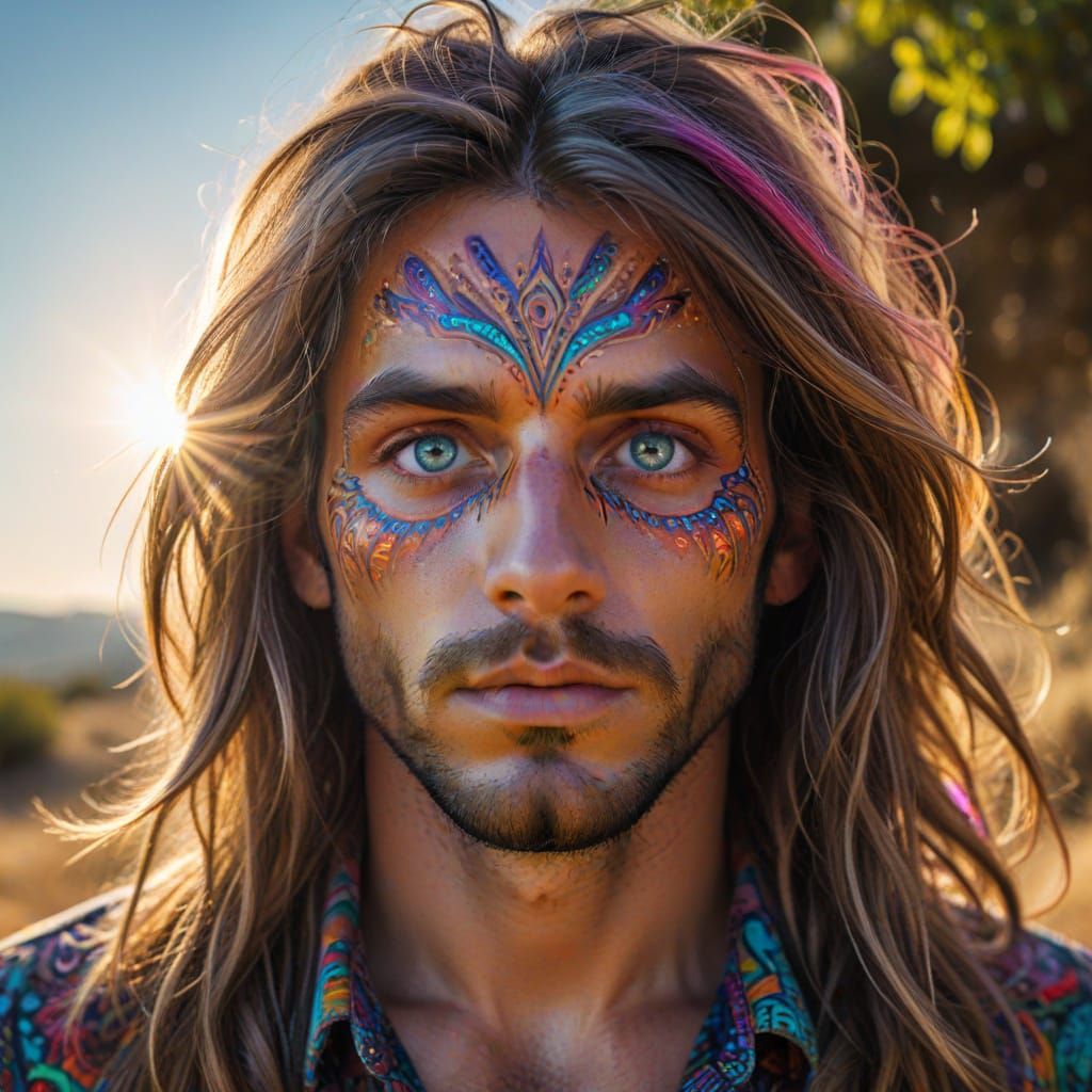Vibrant Man Surrounded by Psychedelic Landscapes in Sunlit G...