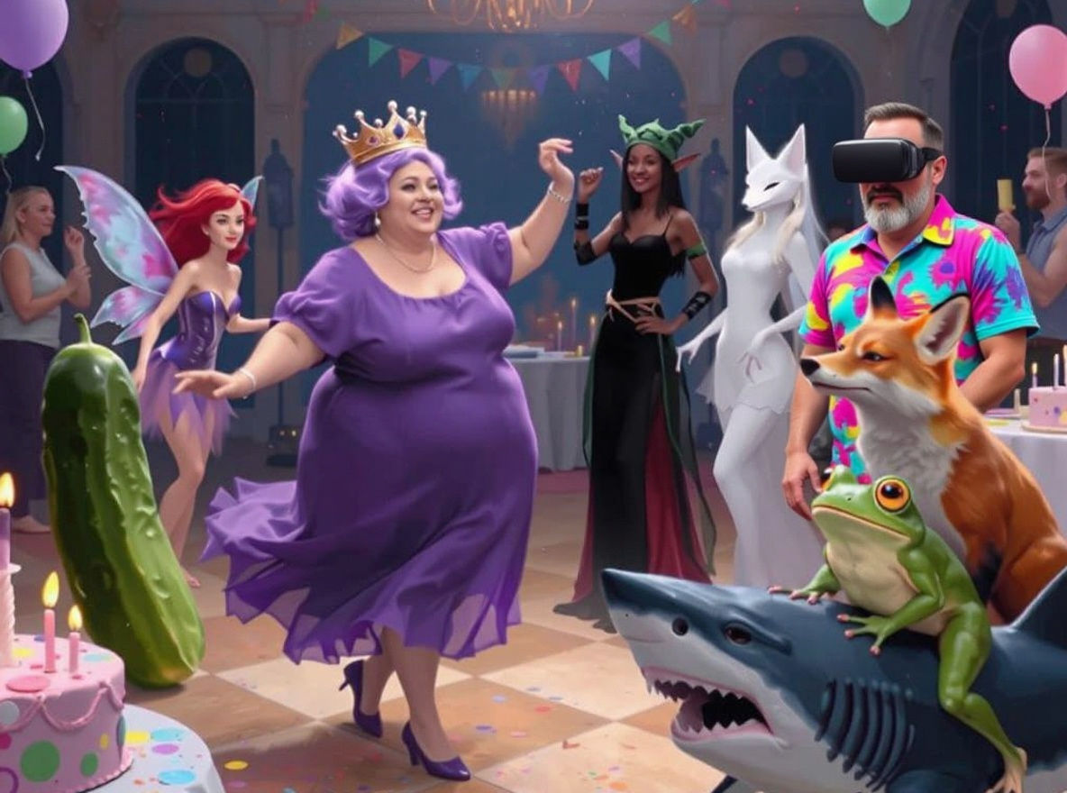 Fantasy Birthday Party with Purple Haired Woman and Friends