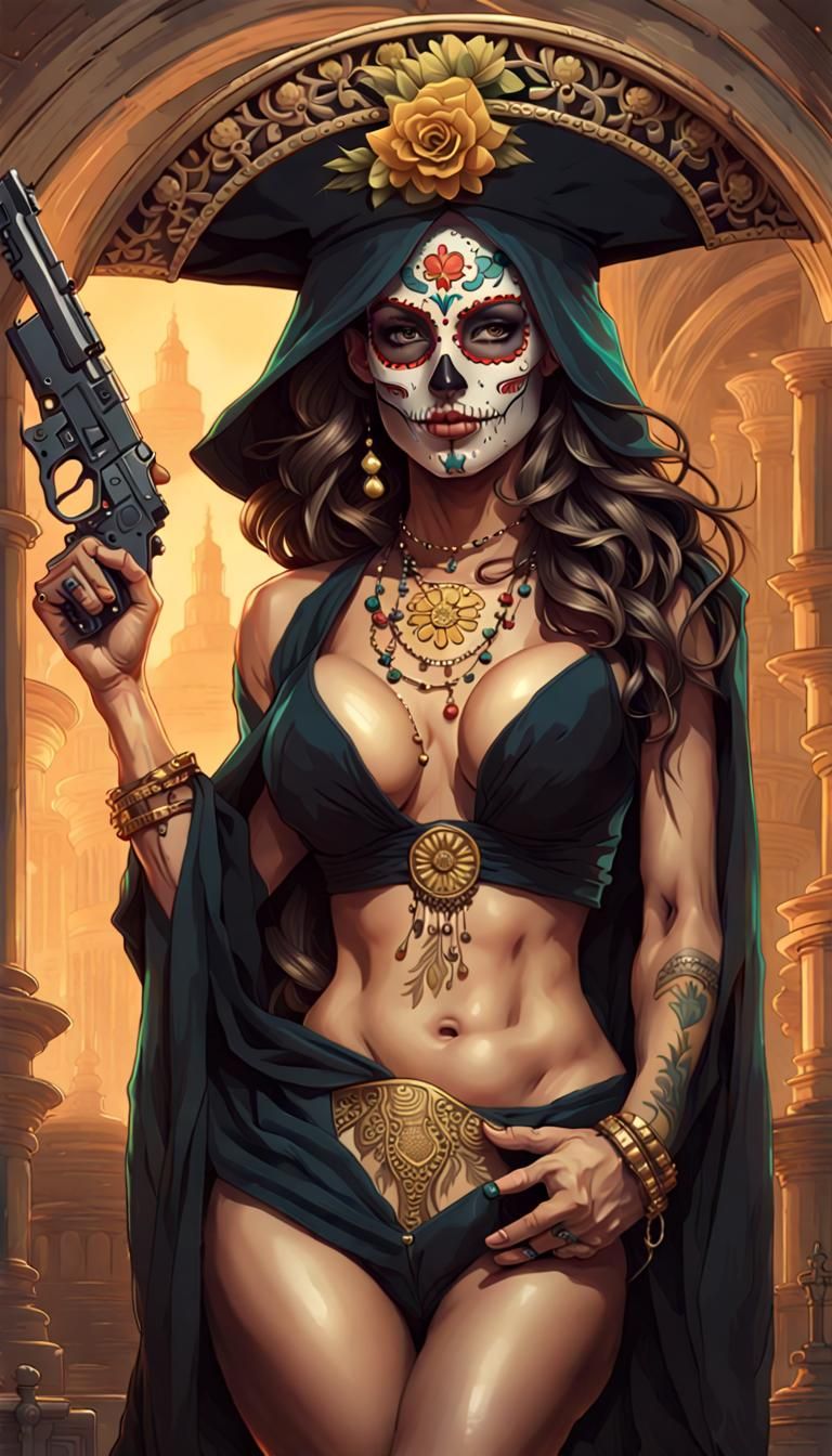 Day of the Dead Woman with Golden Pistols