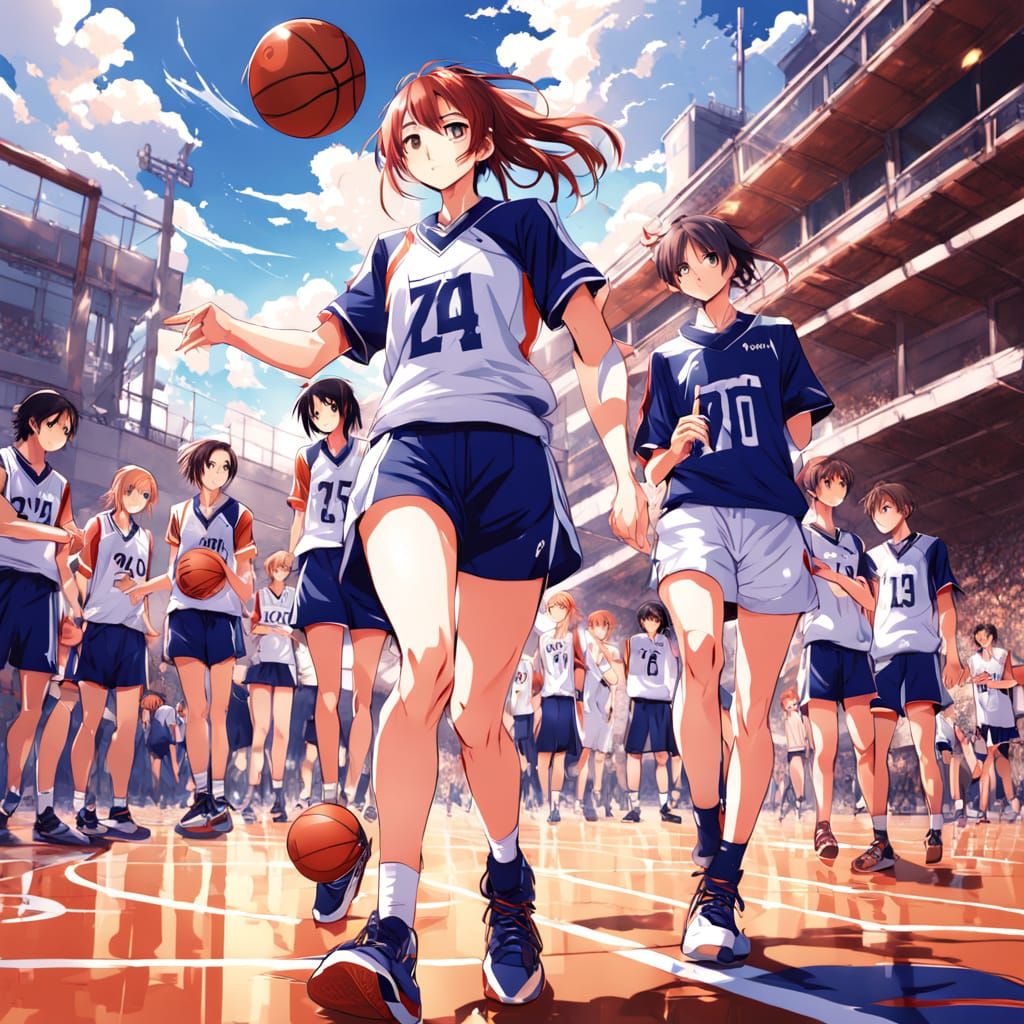 Energetic High School Basketball Players in Vibrant Anime St...