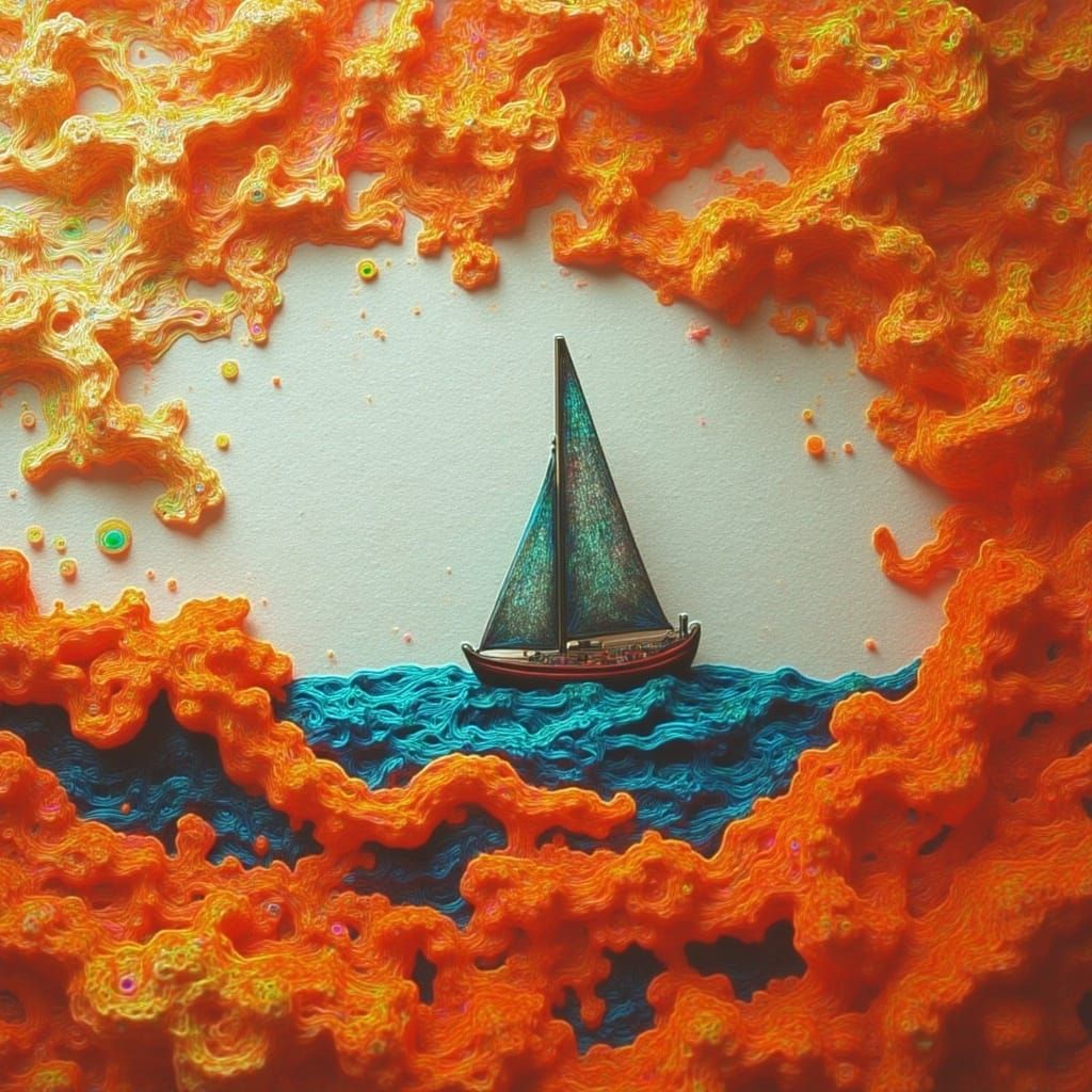 Torn Paper Sailboat in Neon Glitch Style