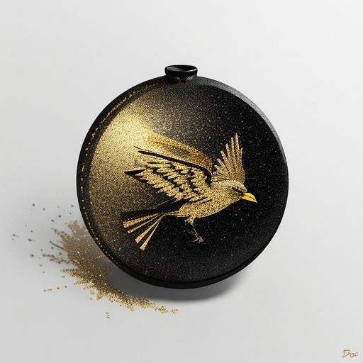 glitter graphite drawing using gold leaf, flying crow on whi...