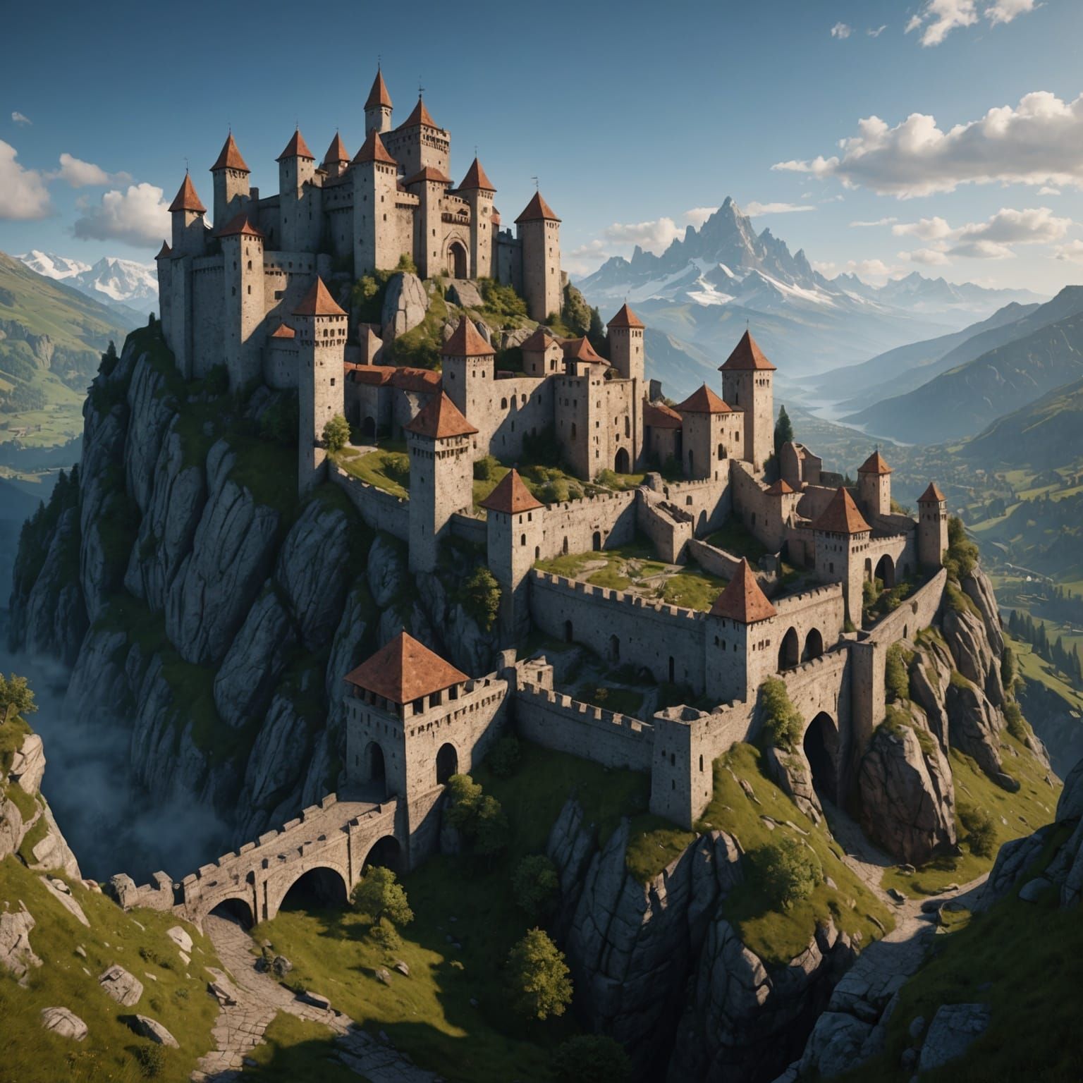 Medieval Fortress on Mountain Pass: Detailed Matte Painting