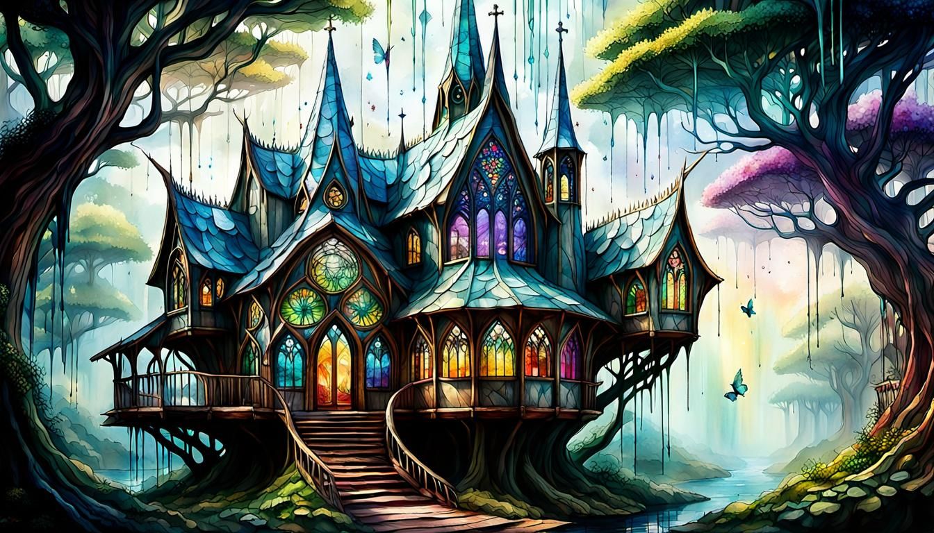 Surreal Cathedral Treehouse with Fairies in Epic Digital Art
