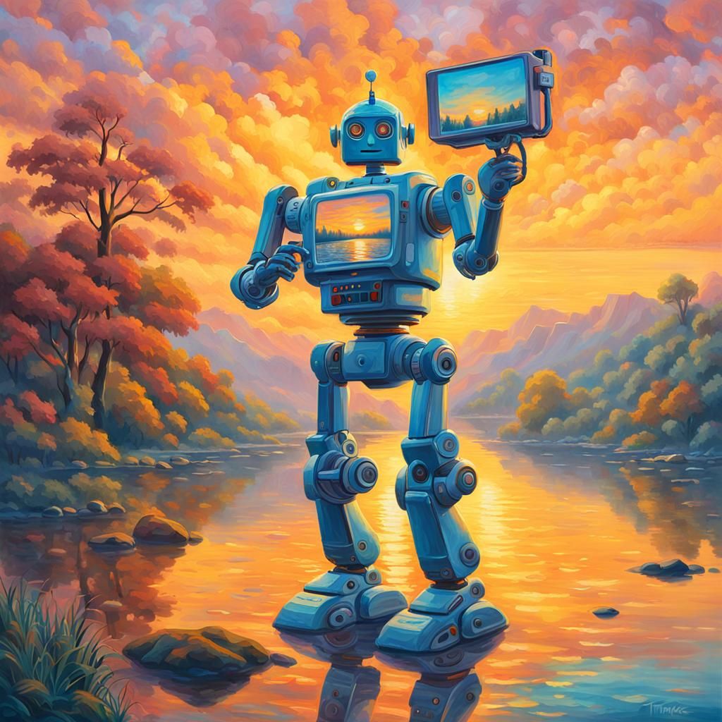 Robot Photographer at Sunrise in Fauvist Fantasy Art