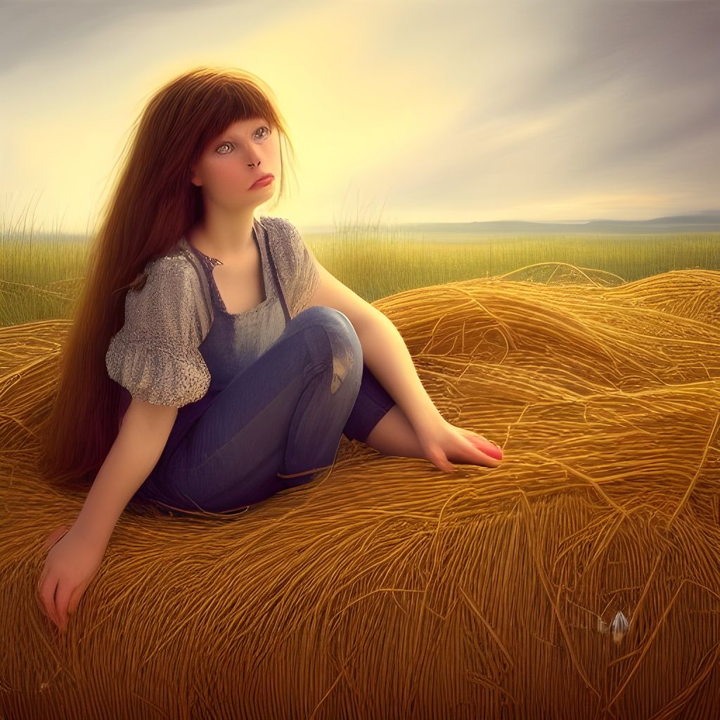 Girl in Hay Pile: Fantasy Photorealistic Style
