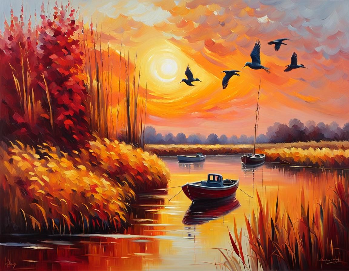 Autumnal River Sunset as Impasto Oil Painting