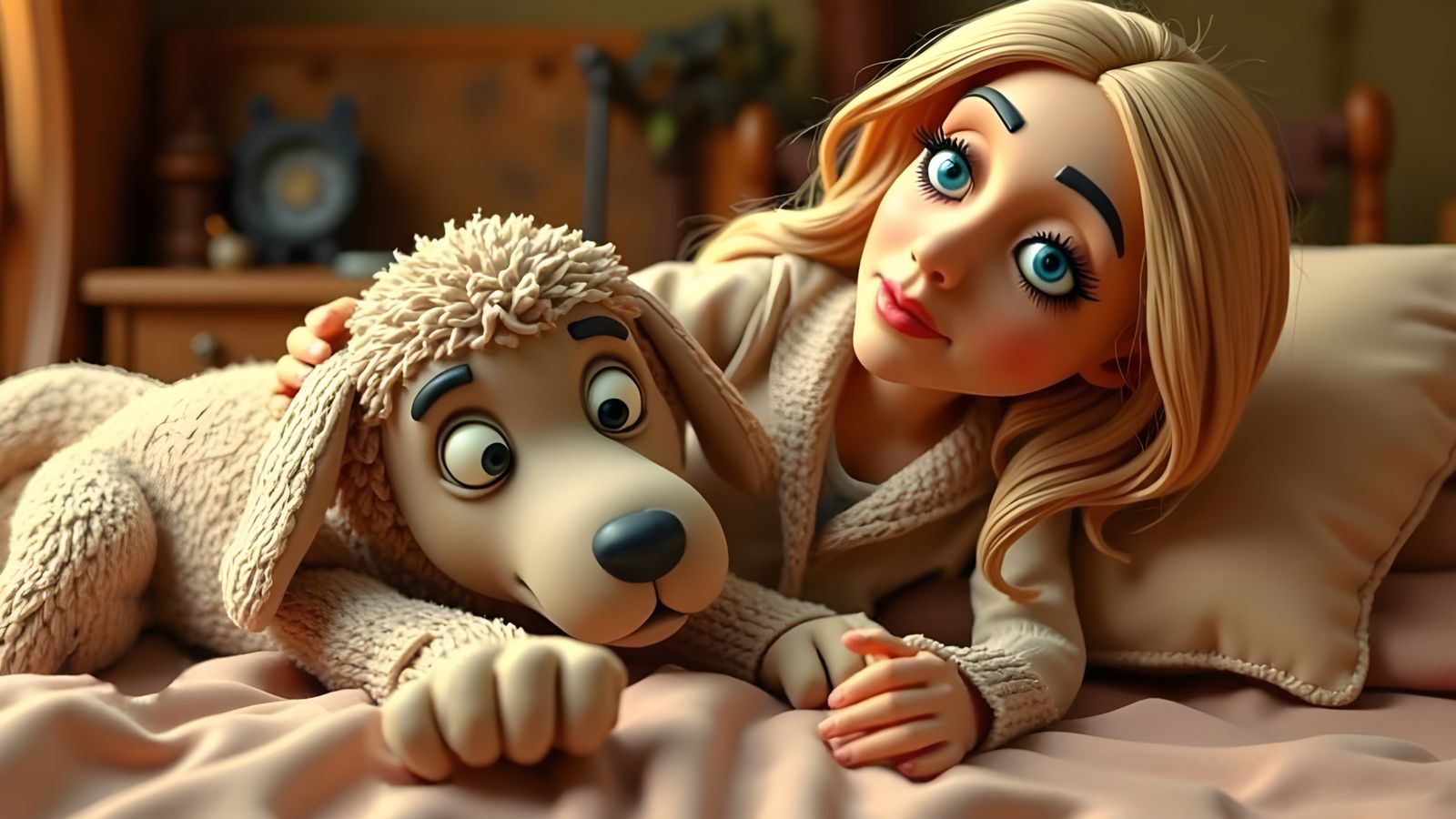 Cozy Claymation Morning with Woman and Sheepdog