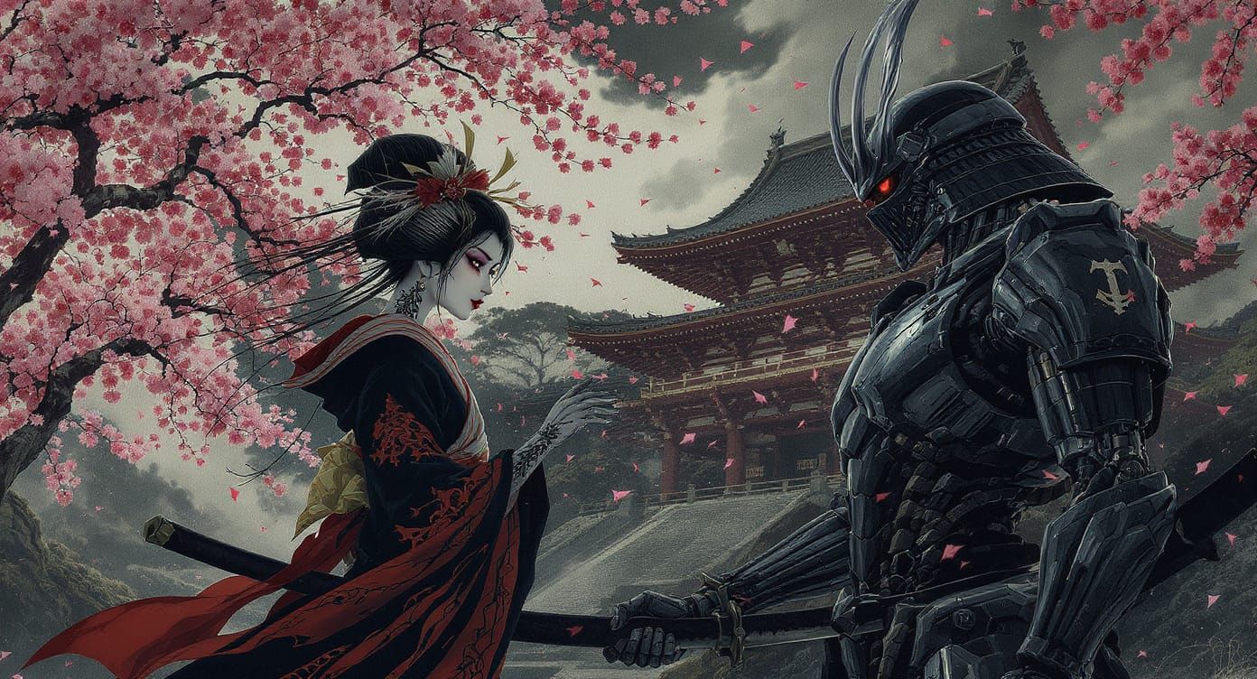 Goth Geisha Battles Cyborg Samurai Ukiyo-e Style