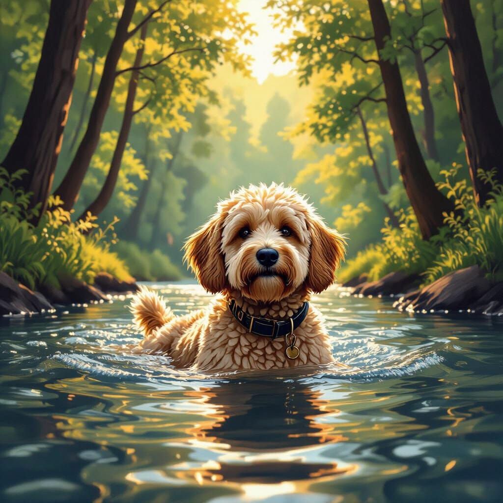 Golden Doodle Dog Swimming in River, Hyper-Realistic Style