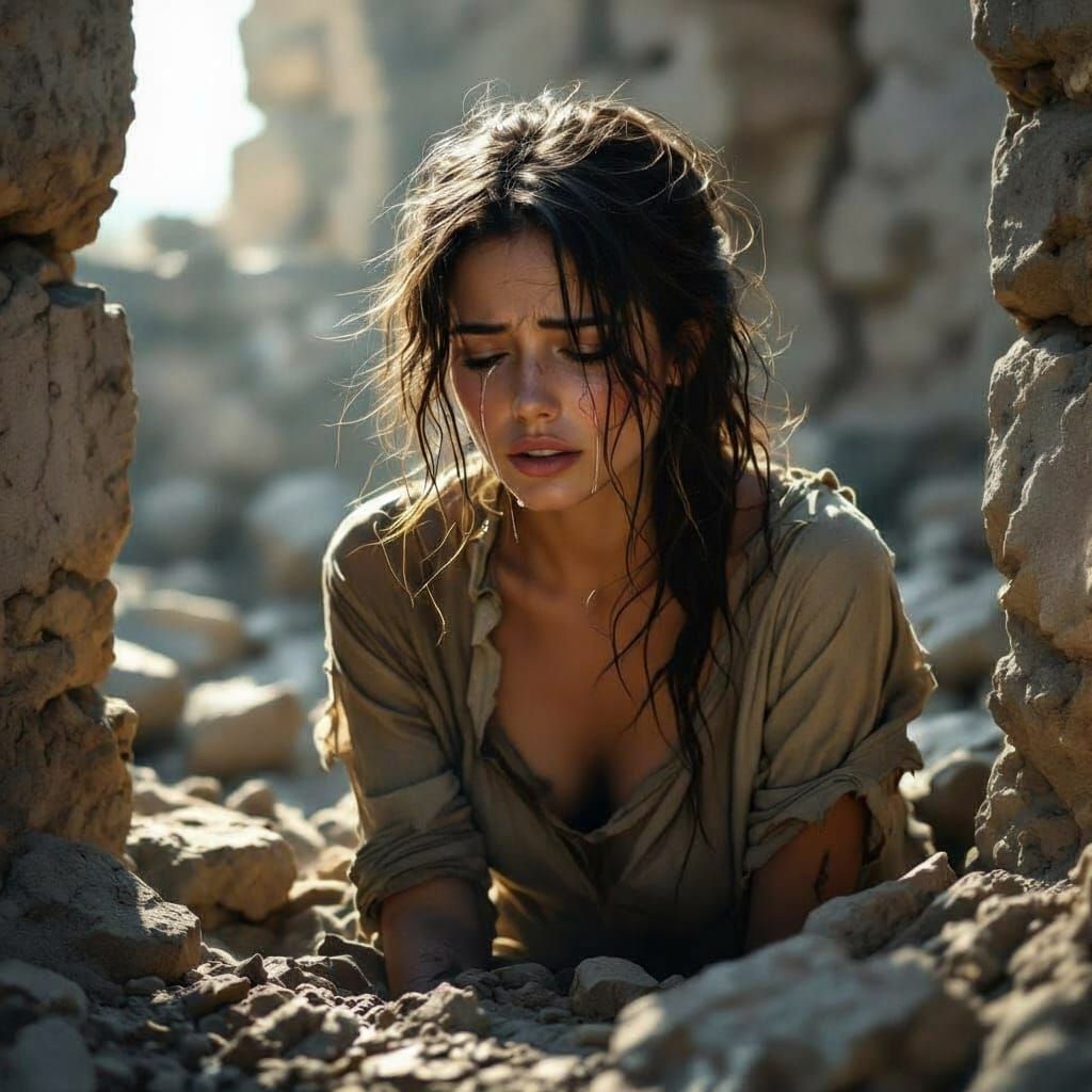 Melancholic Woman Weeps in Muddy Ruins