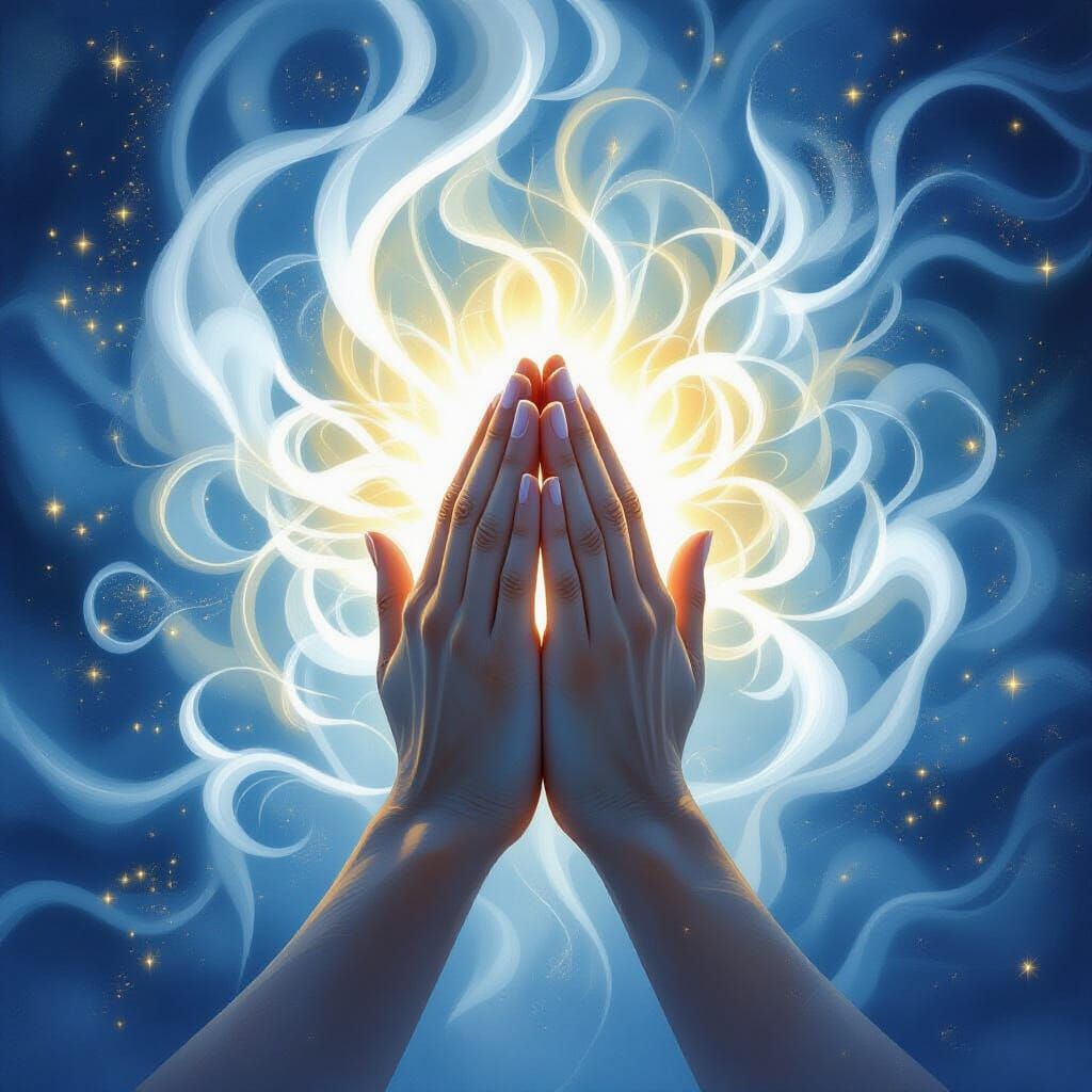 Hands in Prayer Surrounded by Ethereal White Energy